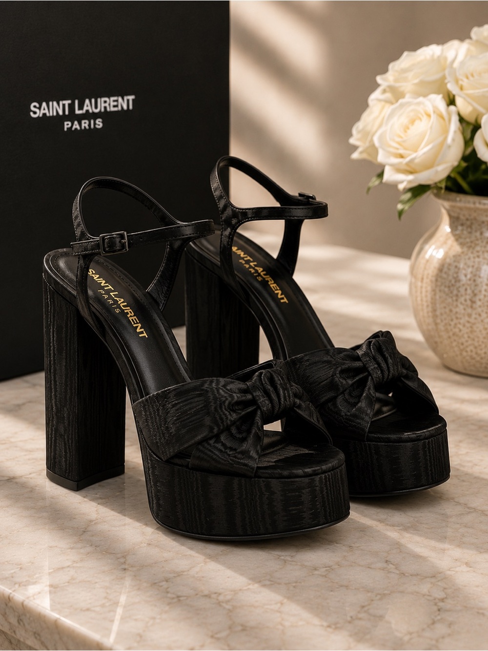Saint Laurent Bianca Platform Sandals Size 40 US 9 Black Knotted Satin Heels NWT